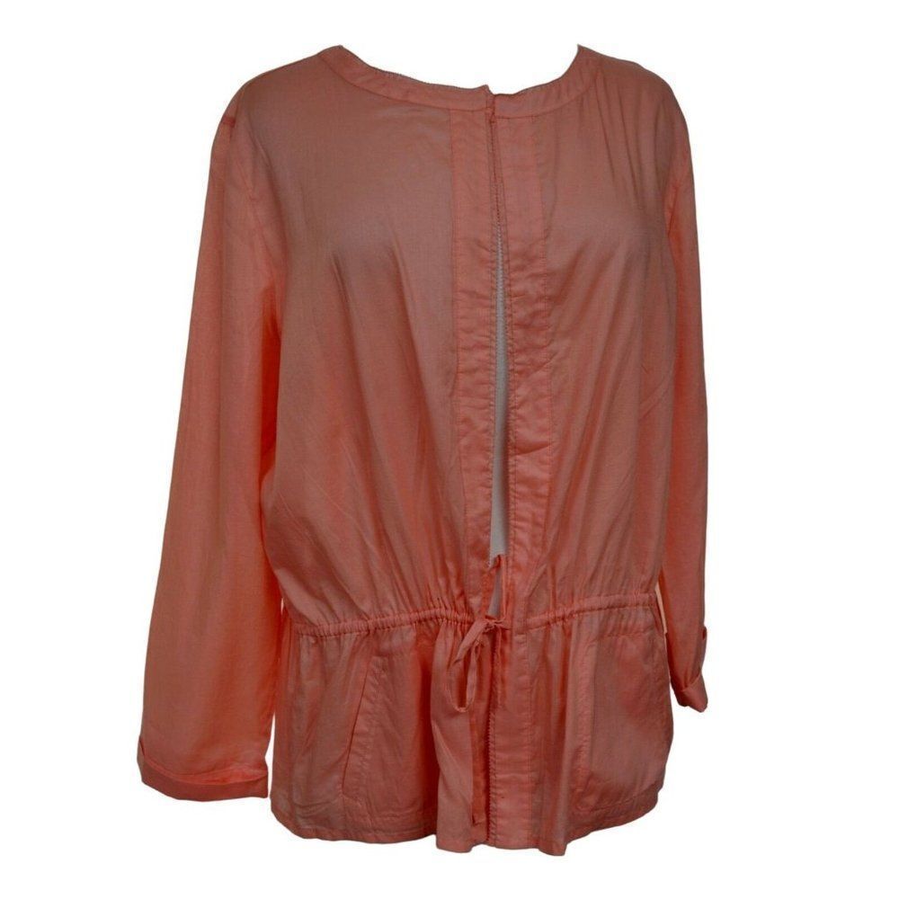Kate Hill Big Shirt Tunic Top Sz Large Open Front Drawstring Waist Pockets NEW